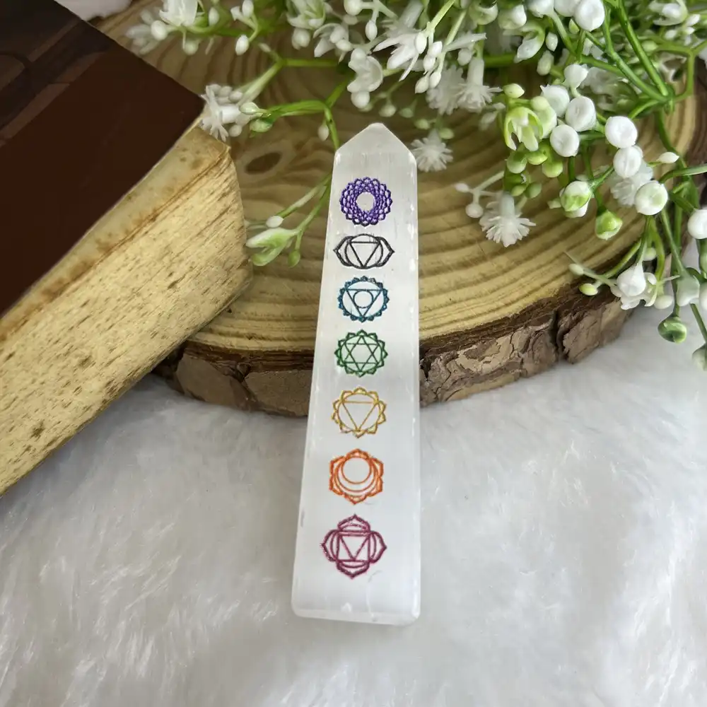Selenite Charging Bar with 7 Chakra Symbols Engravement